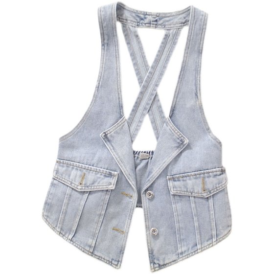 Denim vest female model summer wearing hanging neck vest, long horse clip outside the fashion new college style new style Denim vest female model summer wearing hanging neck vest, long horse clip outside the fashion new college style new style