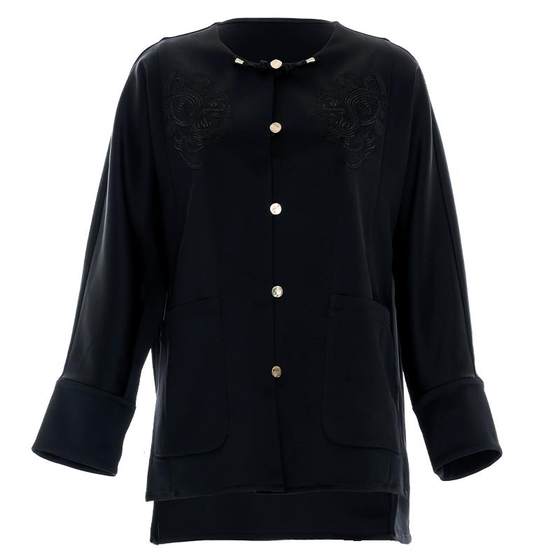 Flower and wood new Chinese black jacket for women's acetic acid new slit embroidered top with buttoned round neck double-breasted short jacket
Flower and wood new Chinese black jacket for women's acetic acid new slit embroidered top with buttoned round neck double-breasted short jacket