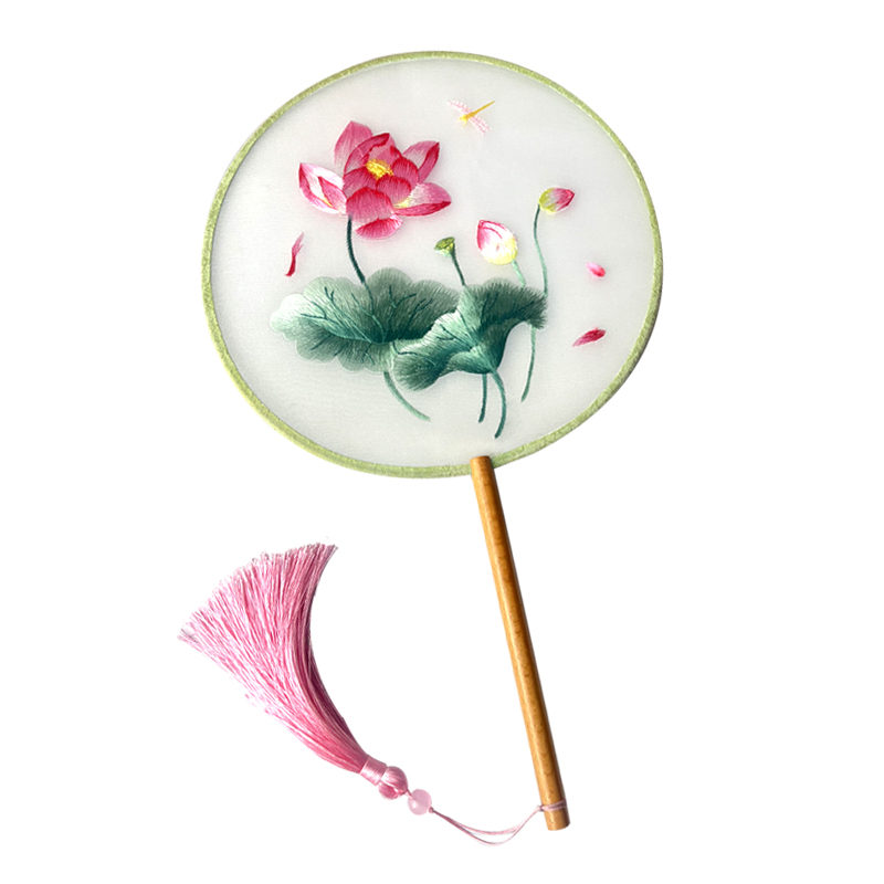 蘇州刺繍シルク扇子 - 蓮の花のデザイン、中国風手持ち扇子