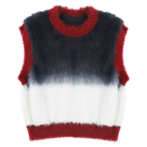 Hole Kon high-end soft and waxy pullover sweater vest gradient contrasting design niche sleeveless round neck back 
Hole Kon high-end soft and waxy pullover sweater vest gradient contrasting design niche sleeveless round neck back