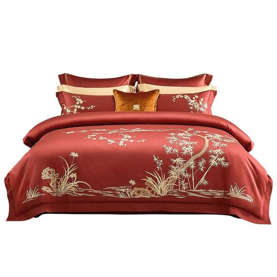 Mercury Home Textile Wedding Four-Piece Set 60 Long-Long-Low Cotton Satin Light Luxury Wedding Kit New Chinese Embroidered Quilt Cover 
Mercury Home Textile Wedding Four-Piece Set 60 Long-Long-Low Cotton Satin Light Luxury Wedding Kit New Chinese Embroidered Quilt Cover