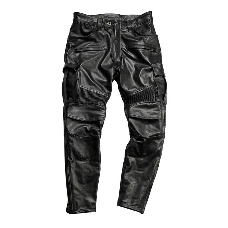 Men's Genuine Leather Motorcycle Pants Slim Fit Cowhide Trousers