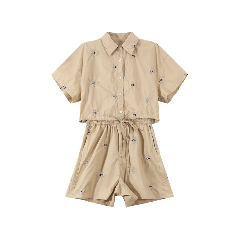 Khaki Printed Lapel Jumpsuit Women's Summer Wide Leg Romper