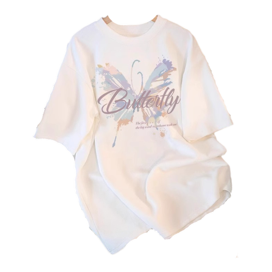 Butterfly printed white round neck short-sleeved T-shirt for women 2025 summer new hot design and fashionable versatile top
Butterfly printed white round neck short-sleeved T-shirt for women 2025 summer new hot design and fashionable versatile top