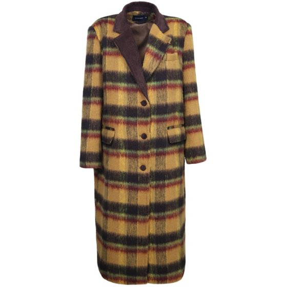 Winter advanced sense of stitching retro loose mid -length woolen coat female sunset yellow plaid wild thin coat Winter advanced sense of stitching retro loose mid -length woolen coat female sunset yellow plaid wild thin coat