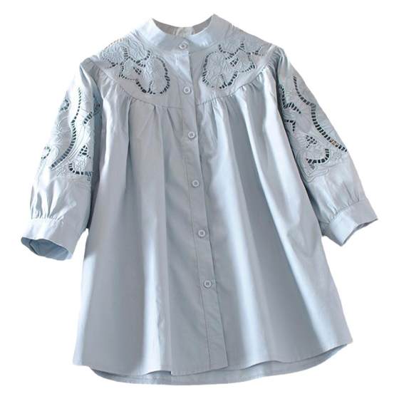 Shirt Women's original design Korean version of standing collar seven -point lantern sleeve embroidery A version loose short pink top spring spring
Shirt Women's original design Korean version of standing collar seven -point lantern sleeve embroidery A version loose short pink top spring spring