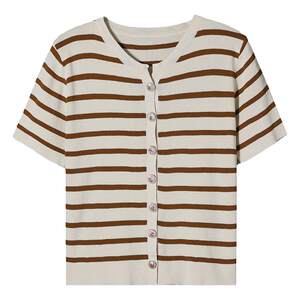 Black and white striped women's short-sleeved T-shirt in summer, fashionable ice silk sweater, versatile high-waisted small short top 
Black and white striped women's short-sleeved T-shirt in summer, fashionable ice silk sweater, versatile high-waisted small short top