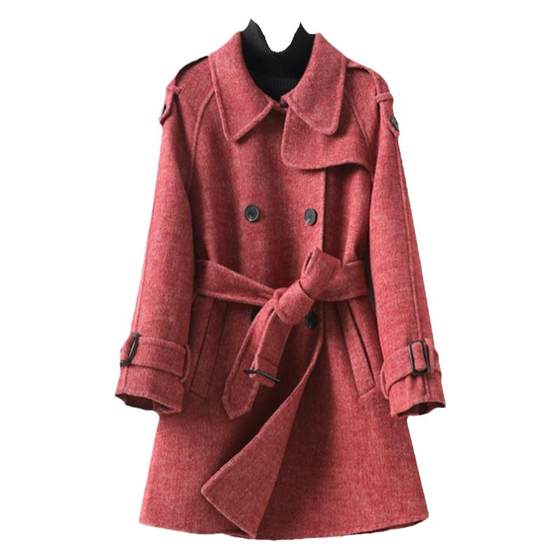 Woolen coat for women's mid-length lace-up herringbone Korean version small autumn and winter new high-end double-sided wool cashmere coat Woolen coat for women's mid-length lace-up herringbone Korean version small autumn and winter new high-end double-sided wool cashmere coat
