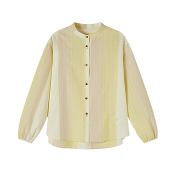 Asuka and new wine stand collar striped yellow long-sleeved shirt for women casual 2025 autumn new loose cotton top Asuka and new wine stand collar striped yellow long-sleeved shirt for women casual 2025 autumn new loose cotton top