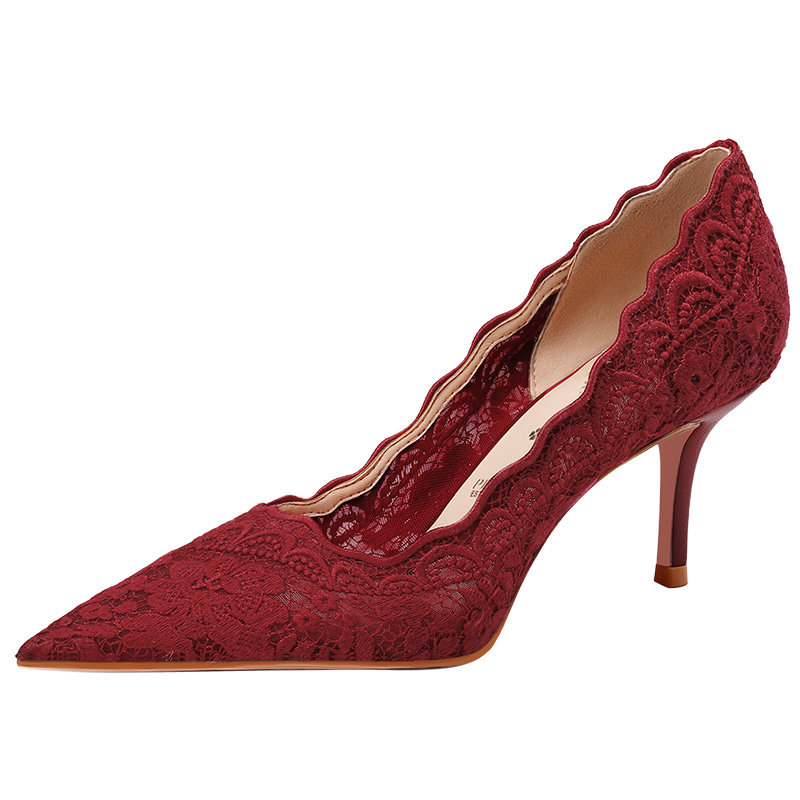 Pjjuu Burgundy Lace High Heel Shoes Bridal Wedding Banquet