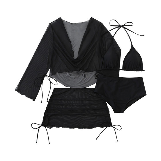 Xiaonan swimsuit black high-end sexy large-size bikini four-piece set slightly fat and slim island vacation swimsuit women Xiaonan swimsuit black high-end sexy large-size bikini four-piece set slightly fat and slim island vacation swimsuit women