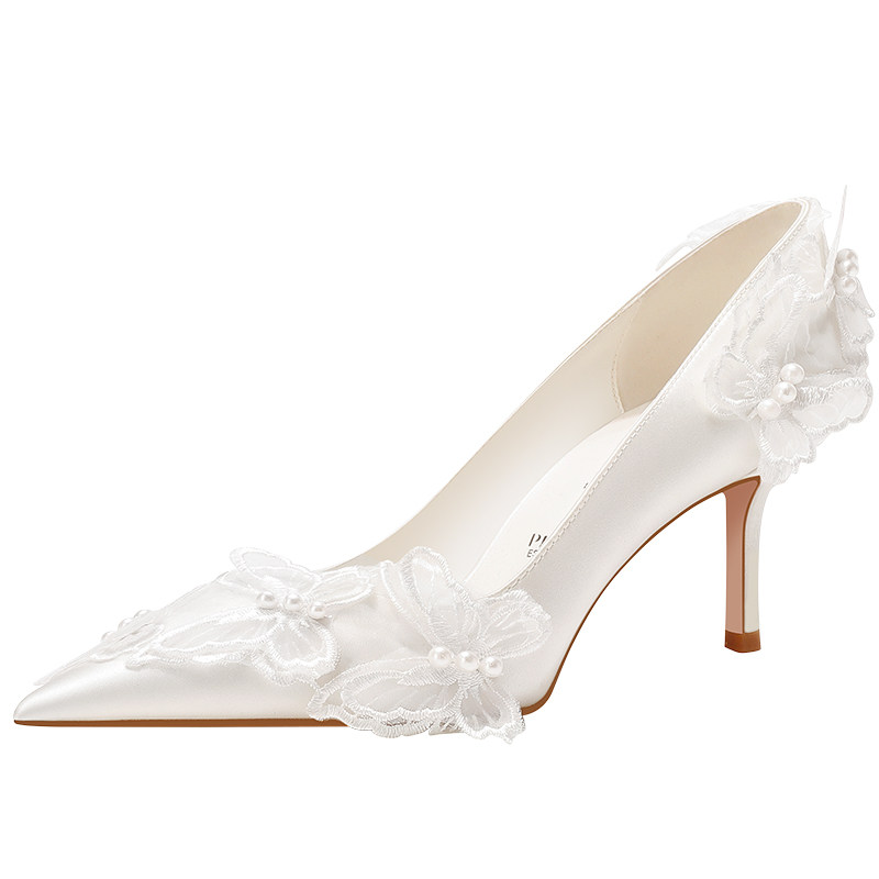 Pjjuu White Satin Wedding Heels French Style Bow High Heels