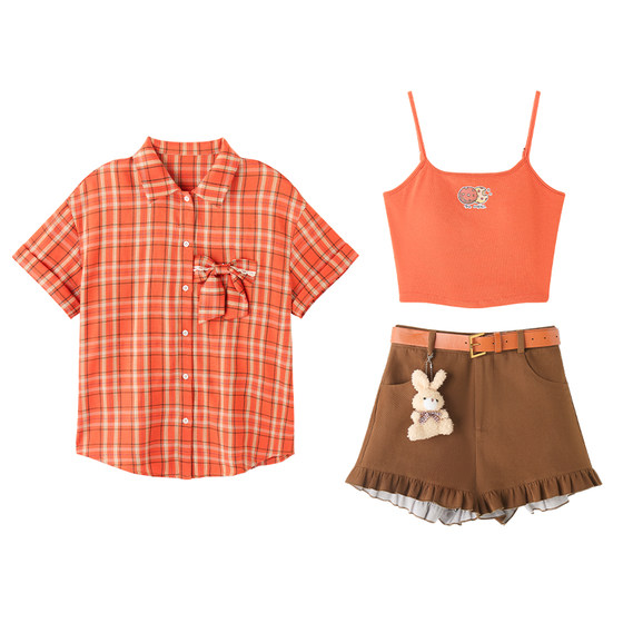 Fabric Pig Orange Sun Brown Island Checked Short Sleeve Shirt Suit Women's Summer Outfit Vest + Shorts Three-piece Set
Fabric Pig Orange Sun Brown Island Checked Short Sleeve Shirt Suit Women's Summer Outfit Vest + Shorts Three-piece Set