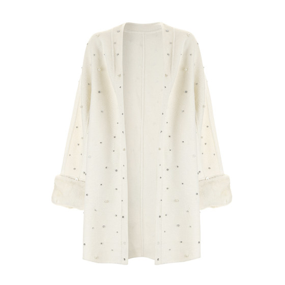 Bettychow Pearl Rhinestone Snow White Double-sided Cashmere Coat Mid-Long Commuter Coat Bettychow Pearl Rhinestone Snow White Double-sided Cashmere Coat Mid-Long Commuter Coat
