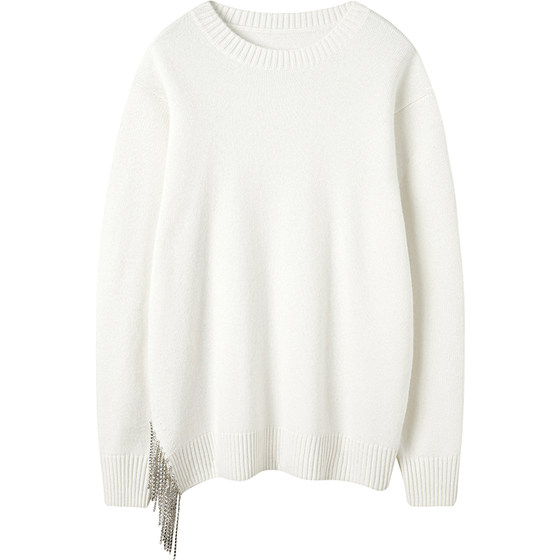 Famous love!! Slit rhinestone tassel cashmere sweater on the side of the hem, thick round neck pure cashmere sweater for women Famous love!! Slit rhinestone tassel cashmere sweater on the side of the hem, thick round neck pure cashmere sweater for women