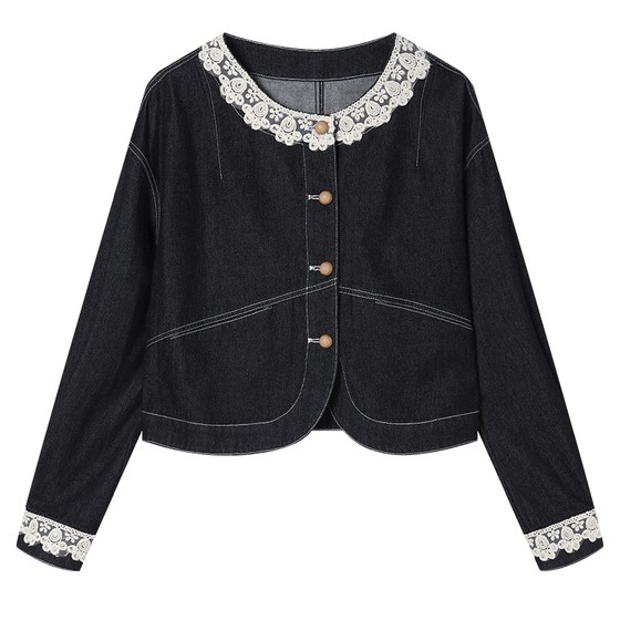 White Deer Language Retro Sweet Lace Spliced Denim Jacket 25 Autumn New Design Niche Age Reducing Top White Deer Language Retro Sweet Lace Spliced Denim Jacket 25 Autumn New Design Niche Age Reducing Top