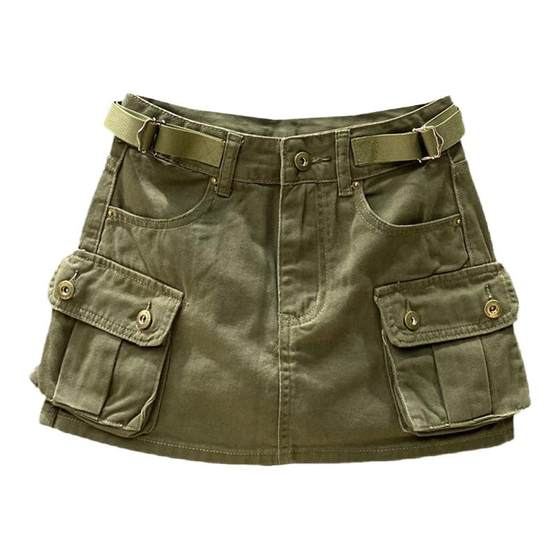 2025 autumn new style adjustable waist retro anti-exposure work pocket A-line hip denim skirt for women 2025 autumn new style adjustable waist retro anti-exposure work pocket A-line hip denim skirt for women