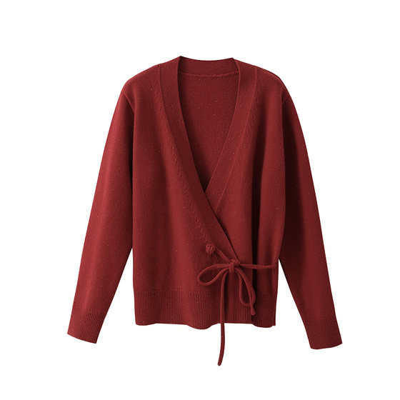 POPCHRIO Ou Kerui red v-neck knitted cardigan wrap design wool sweater jacket for women
 POPCHRIO Ou Kerui red v-neck knitted cardigan wrap design wool sweater jacket for women