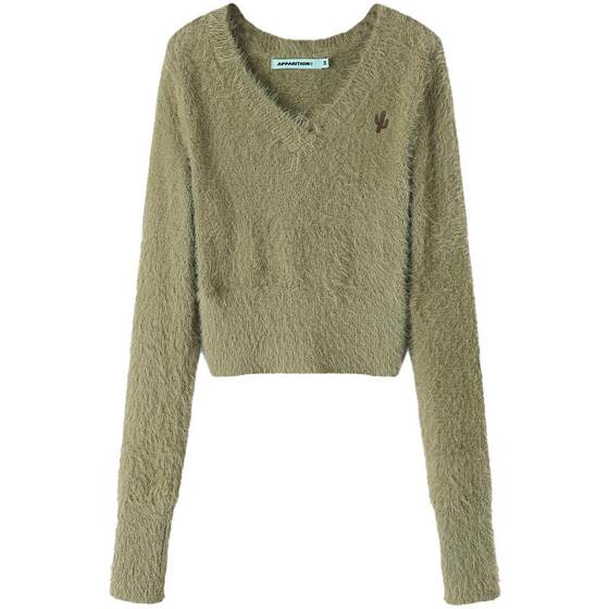 APPARITION hot girl slim fit short comfortable velvet imitation mink V-neck short sweater sweater 
APPARITION hot girl slim fit short comfortable velvet imitation mink V-neck short sweater sweater