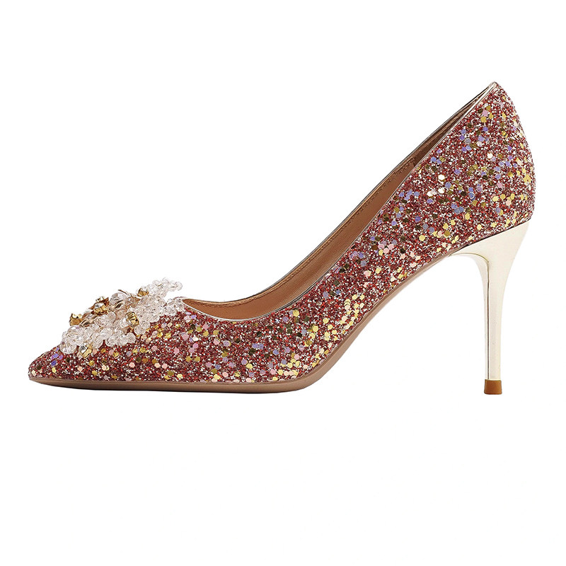 Kasut Perkahwinan Merah 2024 Tumit Tinggi Kristal Gaya Xiuhe