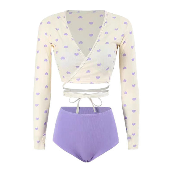 Masked Cat Purple Swimsuit for Women Soaking in Hot Springs Split Long sleeved Ties Gather for Beach Vacation Three piece Bikini Set Masked Cat Purple Swimsuit for Women Soaking in Hot Springs Split Long sleeved Ties Gather for Beach Vacation Three piece Bikini Set