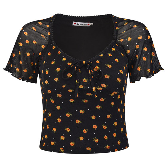 Go Girl Go homemade American retro floral mesh V-neck short-sleeved black T-shirt for women
Go Girl Go homemade American retro floral mesh V-neck short-sleeved black T-shirt for women