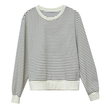 DM100 large size 100% women's clothing autumn slightly fat mm Korean versatile contrasting striped ribbed round neck sweatshirt DM100 large size 100% women's clothing autumn slightly fat mm Korean versatile contrasting striped ribbed round neck sweatshirt