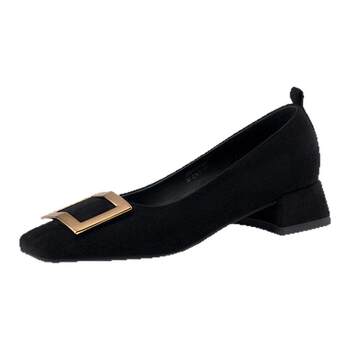 Saturday flat shoes work shoes thick heel black commuter metal buckle suede one-legged shoes for women Saturday flat shoes work shoes thick heel black commuter metal buckle suede one-legged shoes for women