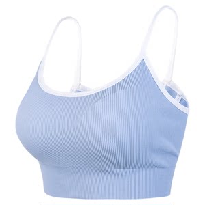 Integrated thin strap sports underwear for women's new style running high elastic yoga vest shockproof gathering contrasting color fitness bra 
Integrated thin strap sports underwear for women's new style running high elastic yoga vest shockproof gathering contrasting color fitness bra