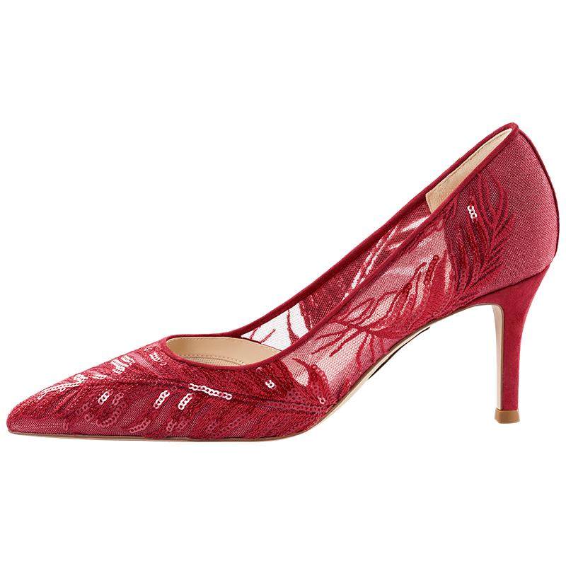 7or9 Red Coral Wedding Heels Slim High Heels for Women