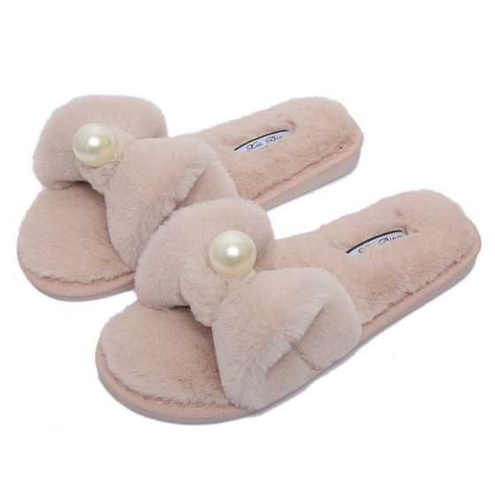 Pearl bow fur slippers for women in autumn and winter new style home wooden floor confinement plush flip-flop cotton slippers Pearl bow fur slippers for women in autumn and winter new style home wooden floor confinement plush flip-flop cotton slippers