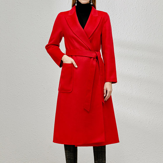 Belt slim and slim 2020 autumn and winter new knee-length double-sided cashmere coat for women, extended lapel woolen jacket Belt slim and slim 2020 autumn and winter new knee-length double-sided cashmere coat for women, extended lapel woolen jacket