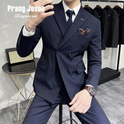 Spring and Autumn Double-Breasted Striped Suit for Men, Groom's Wedding Suit, Business Casual Interview Suit, Office Formal Wear Spring and Autumn Double-Breasted Striped Suit for Men, Groom's Wedding Suit, Business Casual Interview Suit, Office Formal Wear