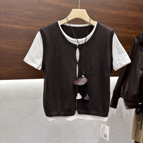 Rina 2025 new fashion design color-blocking vest top fake two-piece women's loose short-sleeved sweater X409
Rina 2025 new fashion design color-blocking vest top fake two-piece women's loose short-sleeved sweater X409