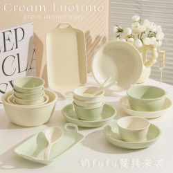 New French-Style Cream-Colored Bowl and Plate Set, Household Tableware Set with Bowls, Chopsticks, and Plates, High-End Bowl and Plate Dinnerware Set New French-Style Cream-Colored Bowl and Plate Set, Household Tableware Set with Bowls, Chopsticks, and Plates, High-End Bowl and Plate Dinnerware Set