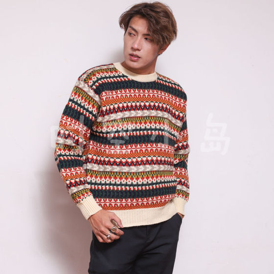 Vintage high-energy handmade Fel Island jacquard texture comfortable retro visual pullover round neck wool sweater Vintage high-energy handmade Fel Island jacquard texture comfortable retro visual pullover round neck wool sweater