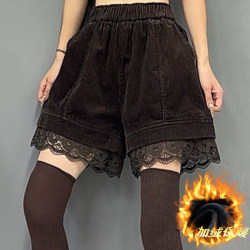 Brown lace elastic waist warm plus velvet boot pants autumn and winter plus size women's wide leg shorts versatile fat mm casual pants Brown lace elastic waist warm plus velvet boot pants autumn and winter plus size women's wide leg shorts versatile fat mm casual pants
