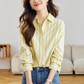 Women's new spring yellow striped shirt pure cotton Oxford Women's new spring yellow striped shirt pure cotton Oxford