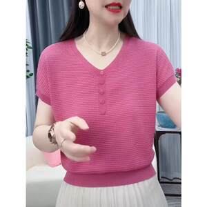 New summer V-neck Tennis Knitted Short-sleeved Women's Thin Pullover T-shirt Fashionable Age-reducing Loose and Cool Top 
New summer V-neck Tennis Knitted Short-sleeved Women's Thin Pullover T-shirt Fashionable Age-reducing Loose and Cool Top