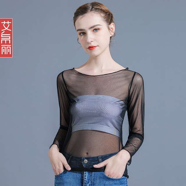 Black Mesh Bottoming Shirt Women Spring And Autumn Transparent Thin