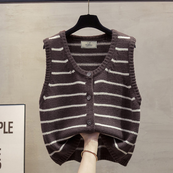 Striped cardigan knitted vest vest for women 2025 autumn and winter new loose outer wear horse clip round neck sweater vest trendy Striped cardigan knitted vest vest for women 2025 autumn and winter new loose outer wear horse clip round neck sweater vest trendy