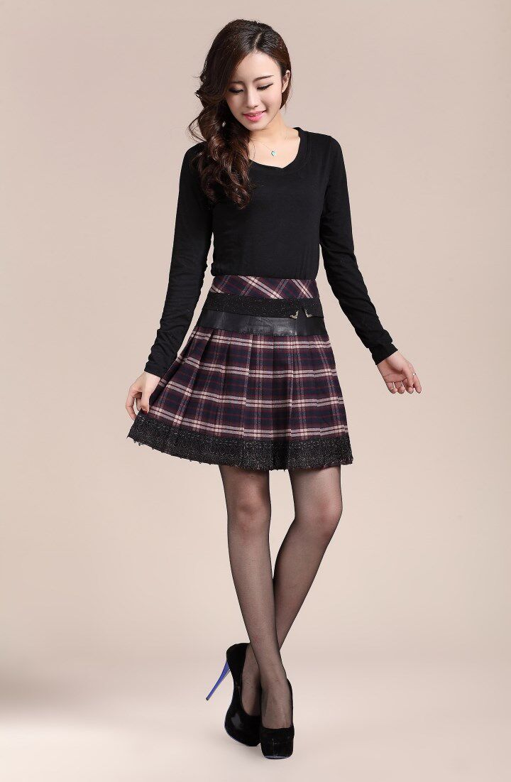 2014秋冬新款毛呢半身裙高腰格子半裙呢子百褶裙呢料a