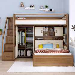 Solid Wood Bunk Bed with Wardrobe for Small Apartments, Featuring a Staggered Design, Suitable for Adults with a Bed Above and a Desk Below, and Children's Bed Solid Wood Bunk Bed with Wardrobe for Small Apartments, Featuring a Staggered Design, Suitable for Adults with a Bed Above and a Desk Below, and Children's Bed