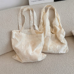French literary hollow embroidery shoulder bag large capacity canvas vest bag gentle temperament female tote bag French literary hollow embroidery shoulder bag large capacity canvas vest bag gentle temperament female tote bag