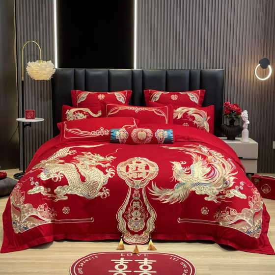 High-end wedding four-piece set bright red cotton dragon and phoenix embroidery festive quilt cover new wedding room wedding bedding 4 
High-end wedding four-piece set bright red cotton dragon and phoenix embroidery festive quilt cover new wedding room wedding bedding 4