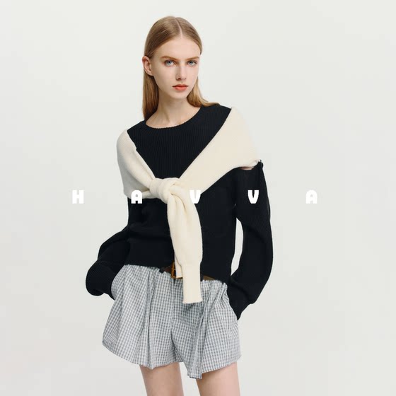 HAVVA design asymmetric shawl contrasting sweater niche women's knitted top 2025 autumn and winter M3-0406 HAVVA design asymmetric shawl contrasting sweater niche women's knitted top 2025 autumn and winter M3-0406