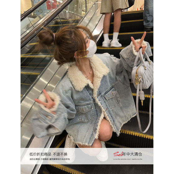 Xinleilin autumn style design heavy-washed fur-shaped loose cotton denim jacket Xinleilin autumn style design heavy-washed fur-shaped loose cotton denim jacket