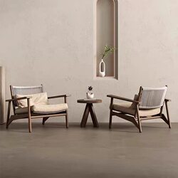 Wabi-sabi style single rattan chair outdoor rope sofa chair B&B balcony garden courtyard solid wood anti-corrosion waterproof furniture Wabi-sabi style single rattan chair outdoor rope sofa chair B&B balcony garden courtyard solid wood anti-corrosion waterproof furniture