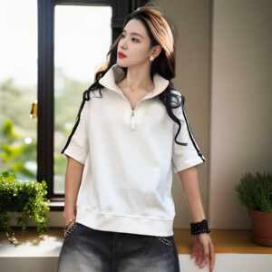 Summer loose cotton half-sleeved T-shirt for women's zipper stand collar casual and fashionable pure style covering flesh to make women look slimming ladies' top 
Summer loose cotton half-sleeved T-shirt for women's zipper stand collar casual and fashionable pure style covering flesh to make women look slimming ladies' top