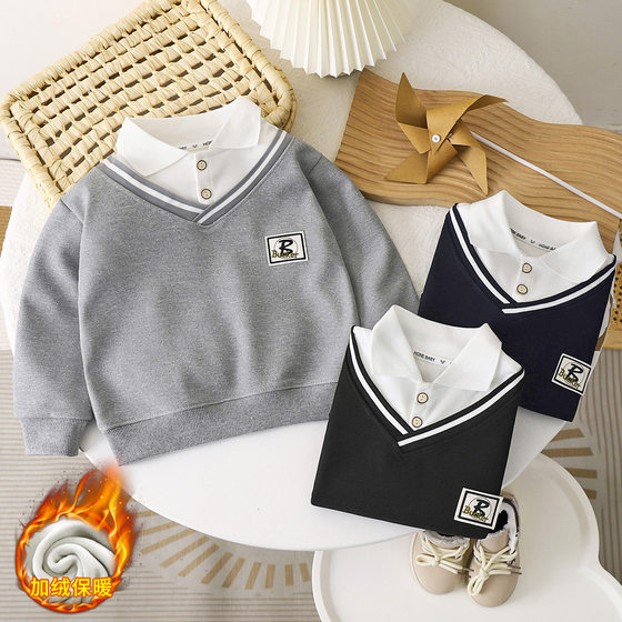 POLO shirt for boys with velvet lapel in autumn and winter new thickened sweatshirt British style fake two-piece medium and large children versatile
POLO shirt for boys with velvet lapel in autumn and winter new thickened sweatshirt British style fake two-piece medium and large children versatile